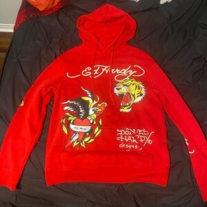 Ed Hardy Red Hoodie with Tiger and Eagle Graphics